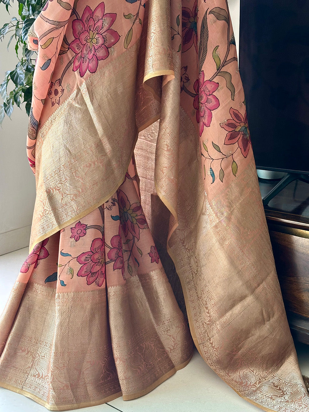 Peach Floral Theme Silk Kalamakari Saree