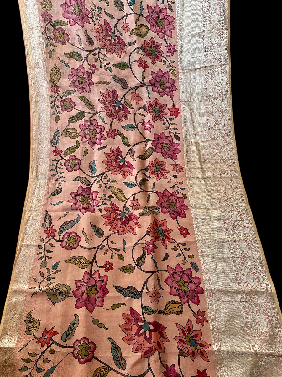 Peach Floral Theme Silk Kalamakari Saree