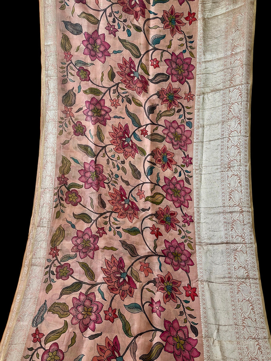 Peach Floral Theme Silk Kalamakari Saree