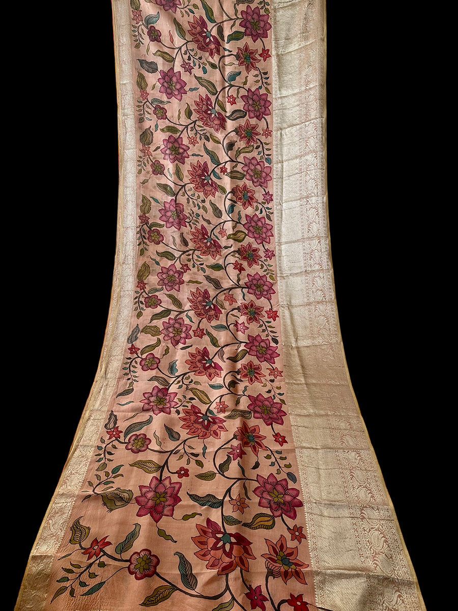 Peach Floral Theme Silk Kalamakari Saree