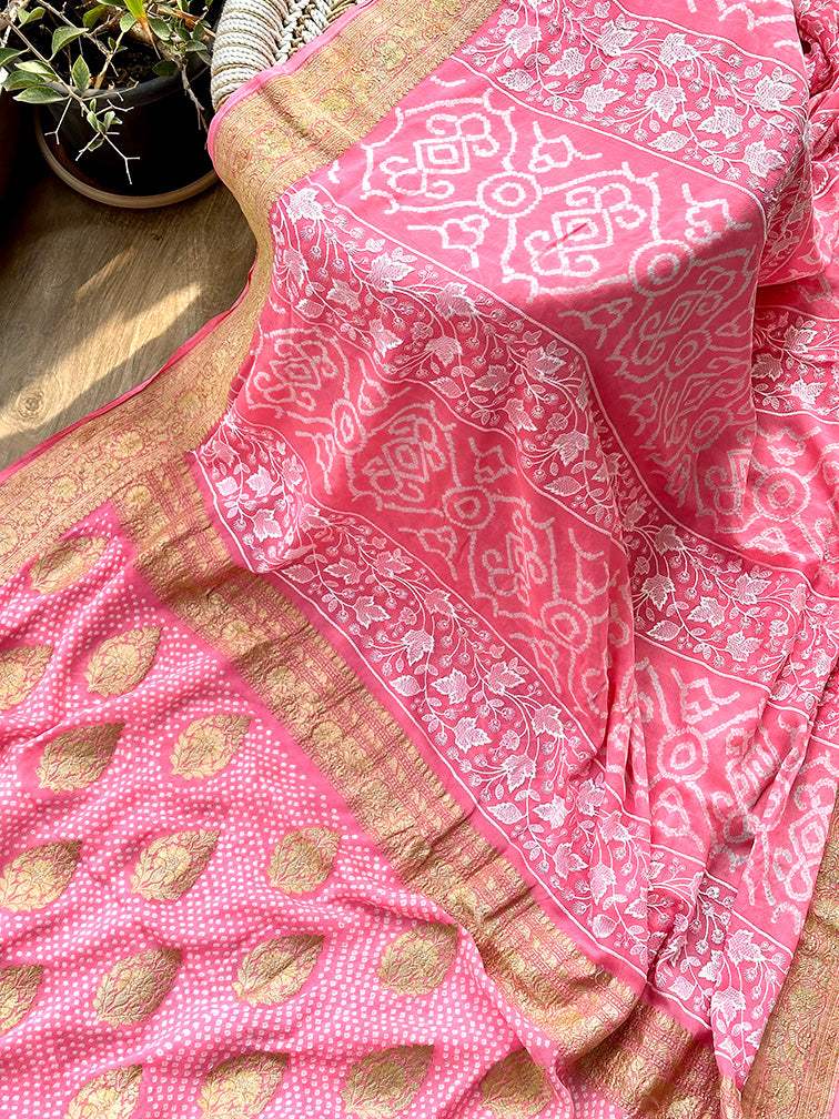 Peach Pink Pure Banarsee Georgette Bandhani Saree with Machine Embroid Kapaas Katha