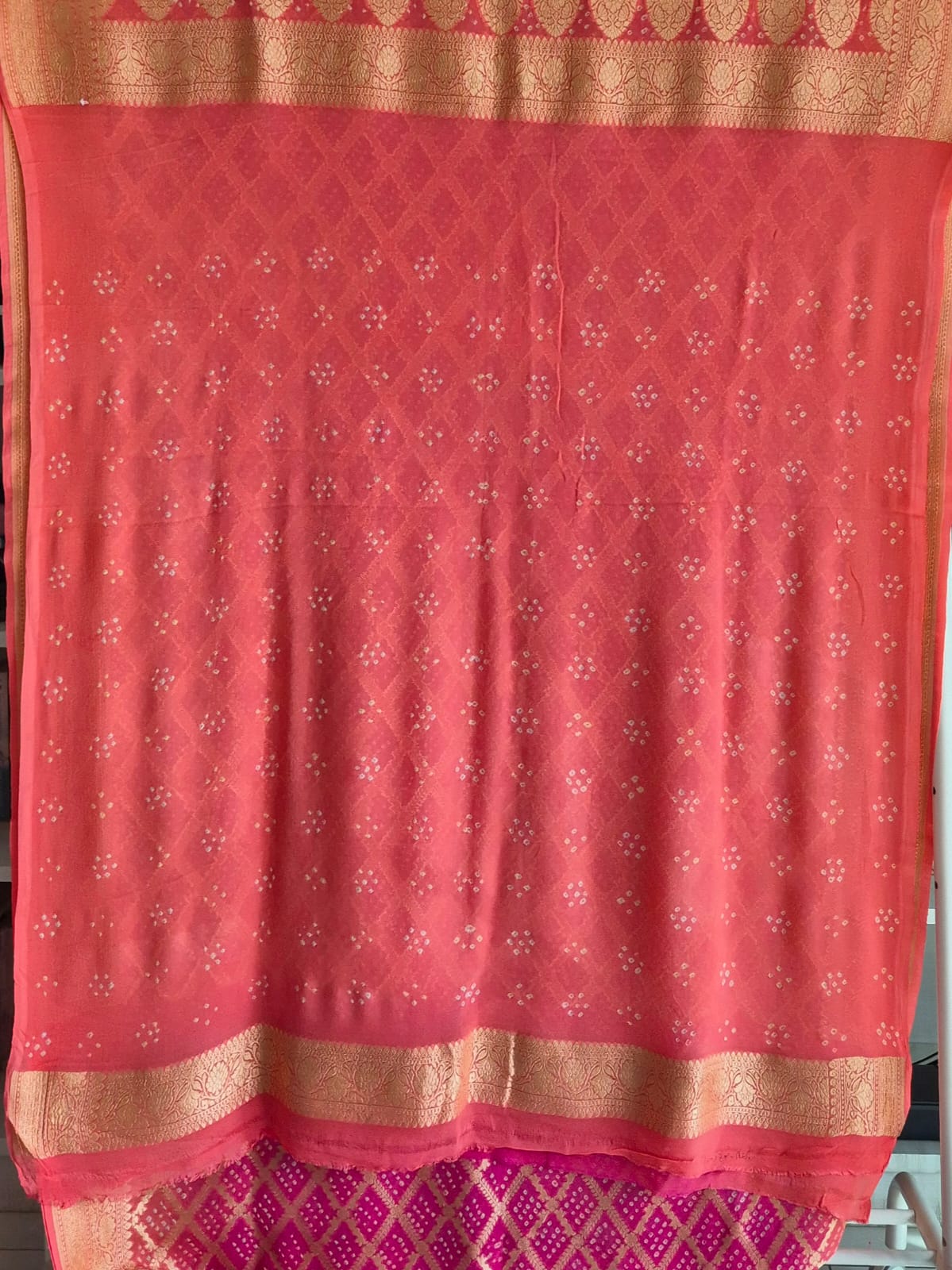 Peach Pink Pure Banarasi Georgette Bandhani Saree