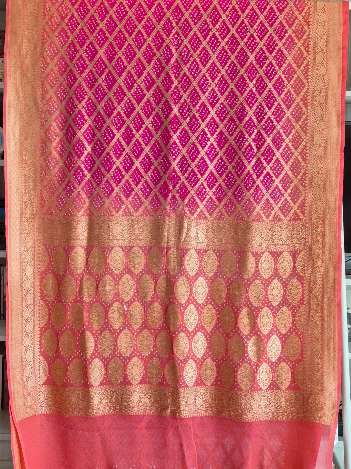 Peach Pink Pure Banarasi Georgette Bandhani Saree