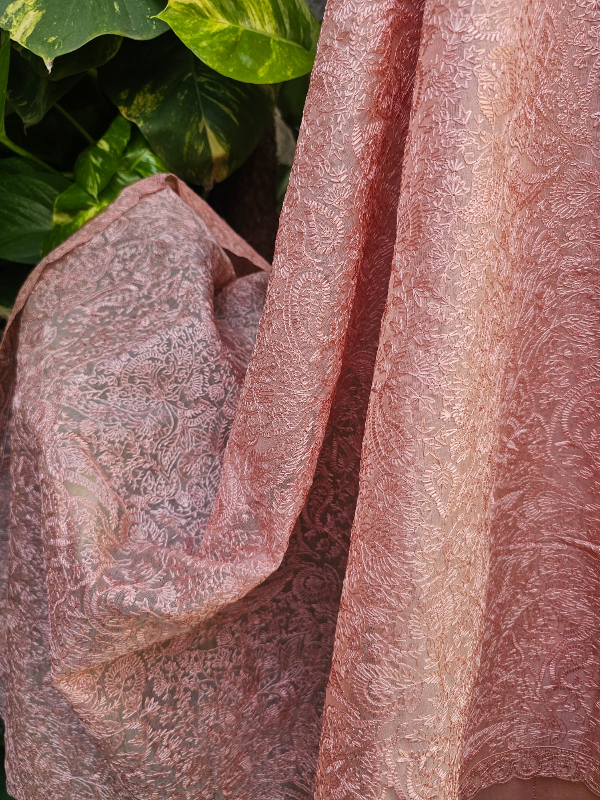 Peach Pink Three Piece Chanderi Mulmul Semi Stitched Suit Set With Heavy Machine Embroidfered Dupatta