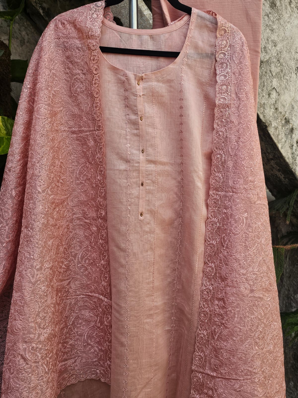 Peach Pink Three Piece Chanderi Mulmul Semi Stitched Suit Set With Heavy Machine Embroidfered Dupatta