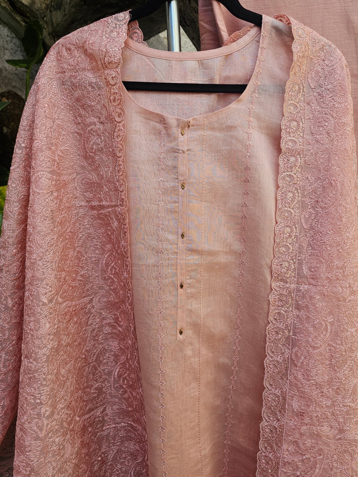 Peach Pink Three Piece Chanderi Mulmul Semi Stitched Suit Set With Heavy Machine Embroidfered Dupatta