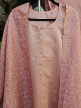 Peach Pink Three Piece Chanderi Mulmul Semi Stitched Suit Set With Heavy Machine Embroidfered Dupatta