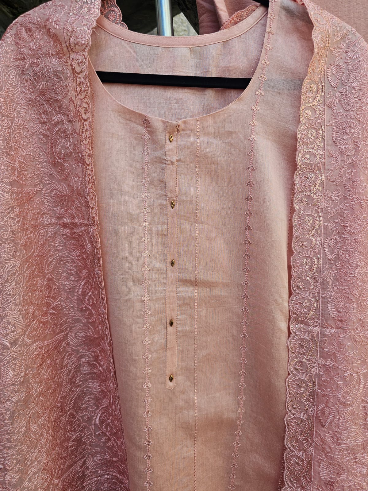 Peach Pink Three Piece Chanderi Mulmul Semi Stitched Suit Set With Heavy Machine Embroidfered Dupatta