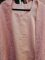 Peach Pink Three Piece Chanderi Mulmul Semi Stitched Suit Set With Heavy Machine Embroidfered Dupatta