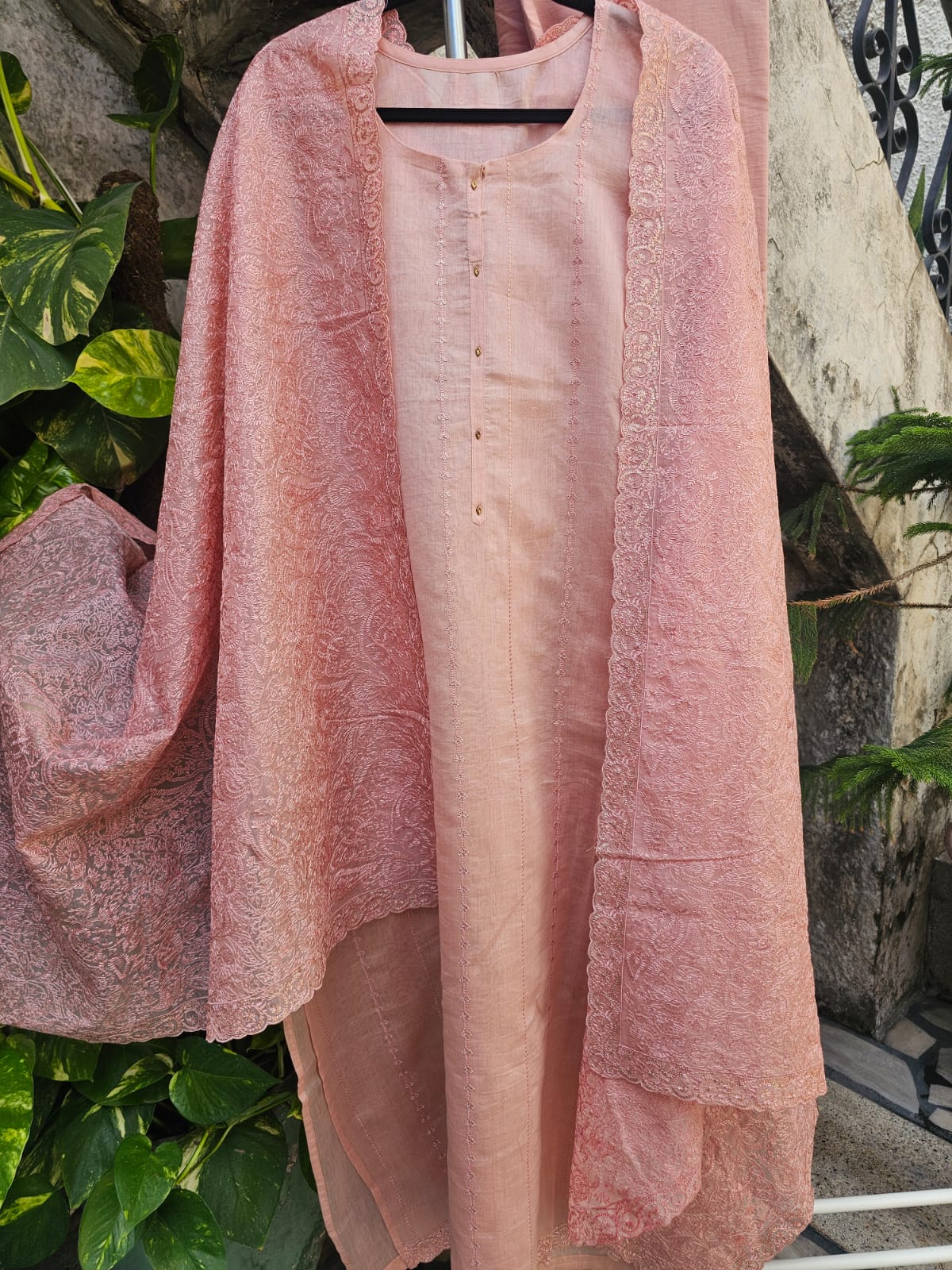 Peach Pink Three Piece Chanderi Mulmul Semi Stitched Suit Set With Heavy Machine Embroidfered Dupatta
