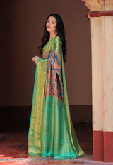 peach-turquoise-kanchipattu-kalamkari-saree-side-view