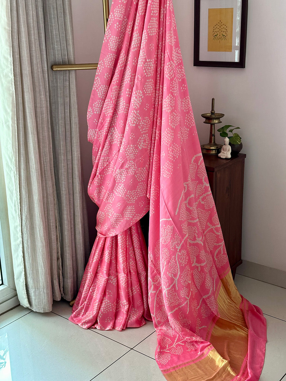 Peach Colour Pure Gajji Silk Bandhani Saree