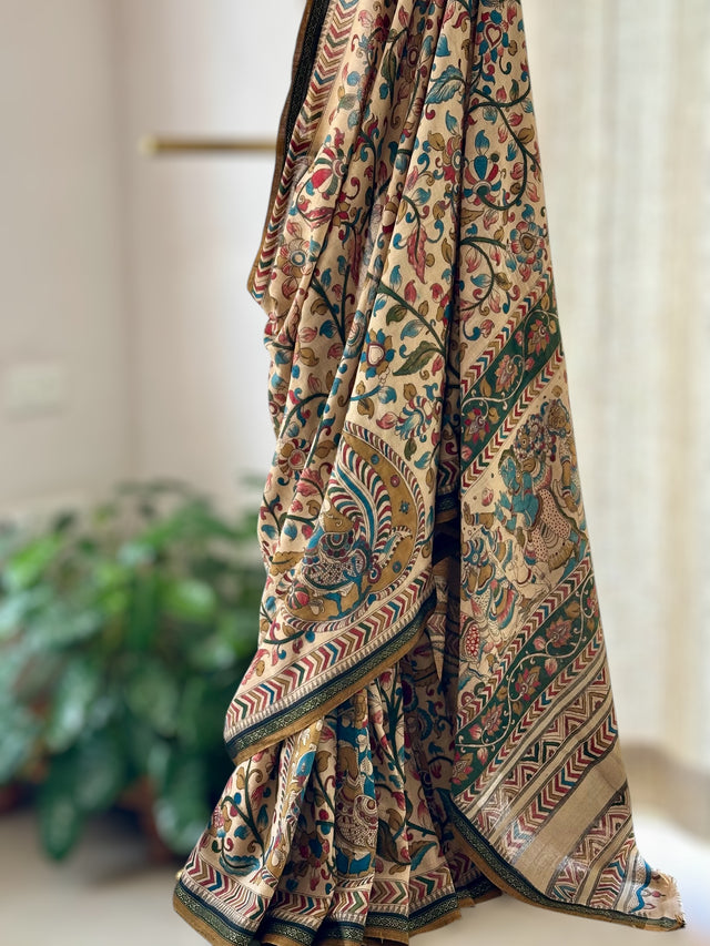 peacock-floral-handloom-cotton-kalamkari-saree-front-view