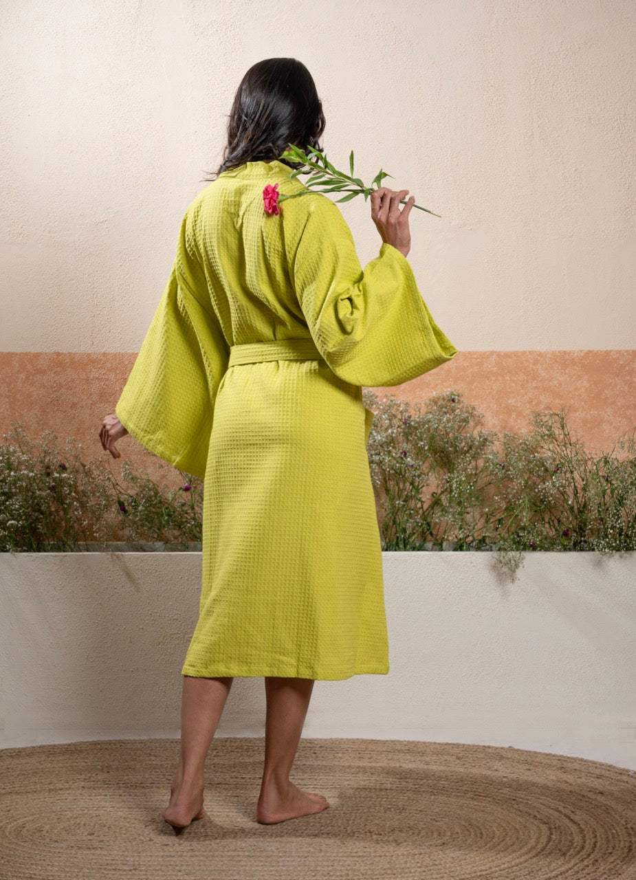 pear-color-unisex-cotton-waffle-bathrobe-back-view