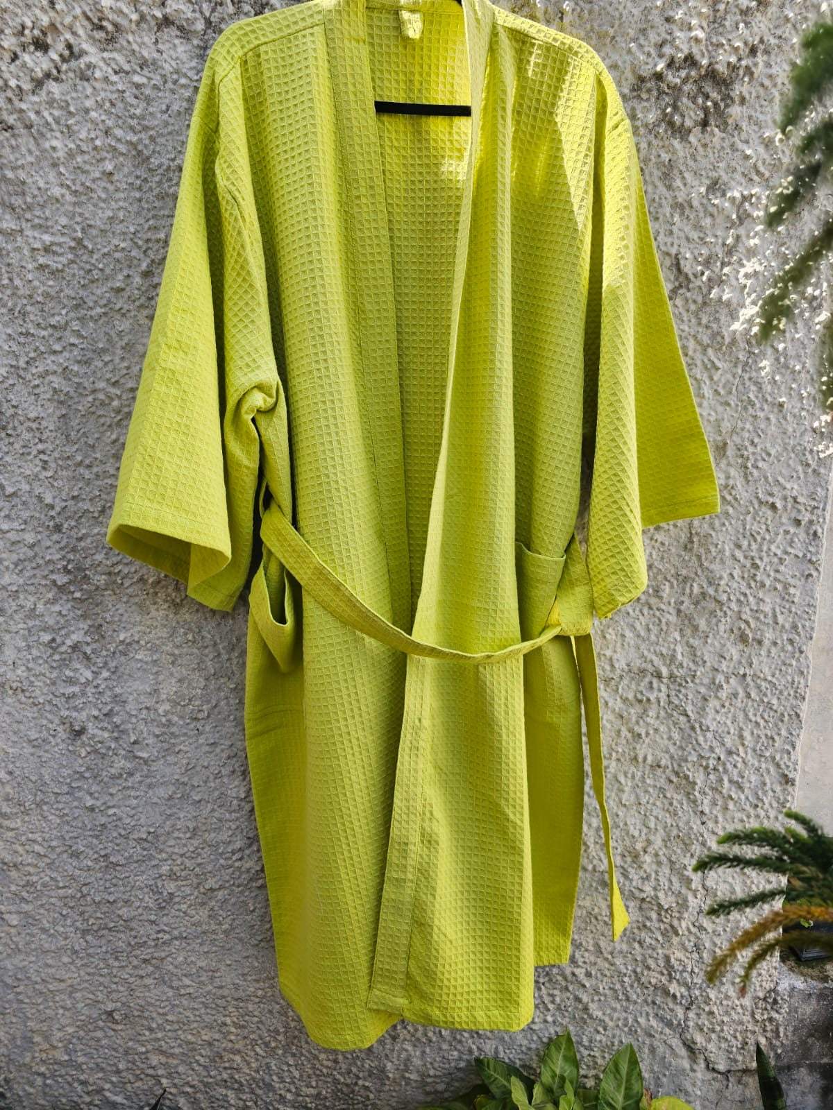 pear-color-unisex-cotton-waffle-bathrobe-laying-flat-view