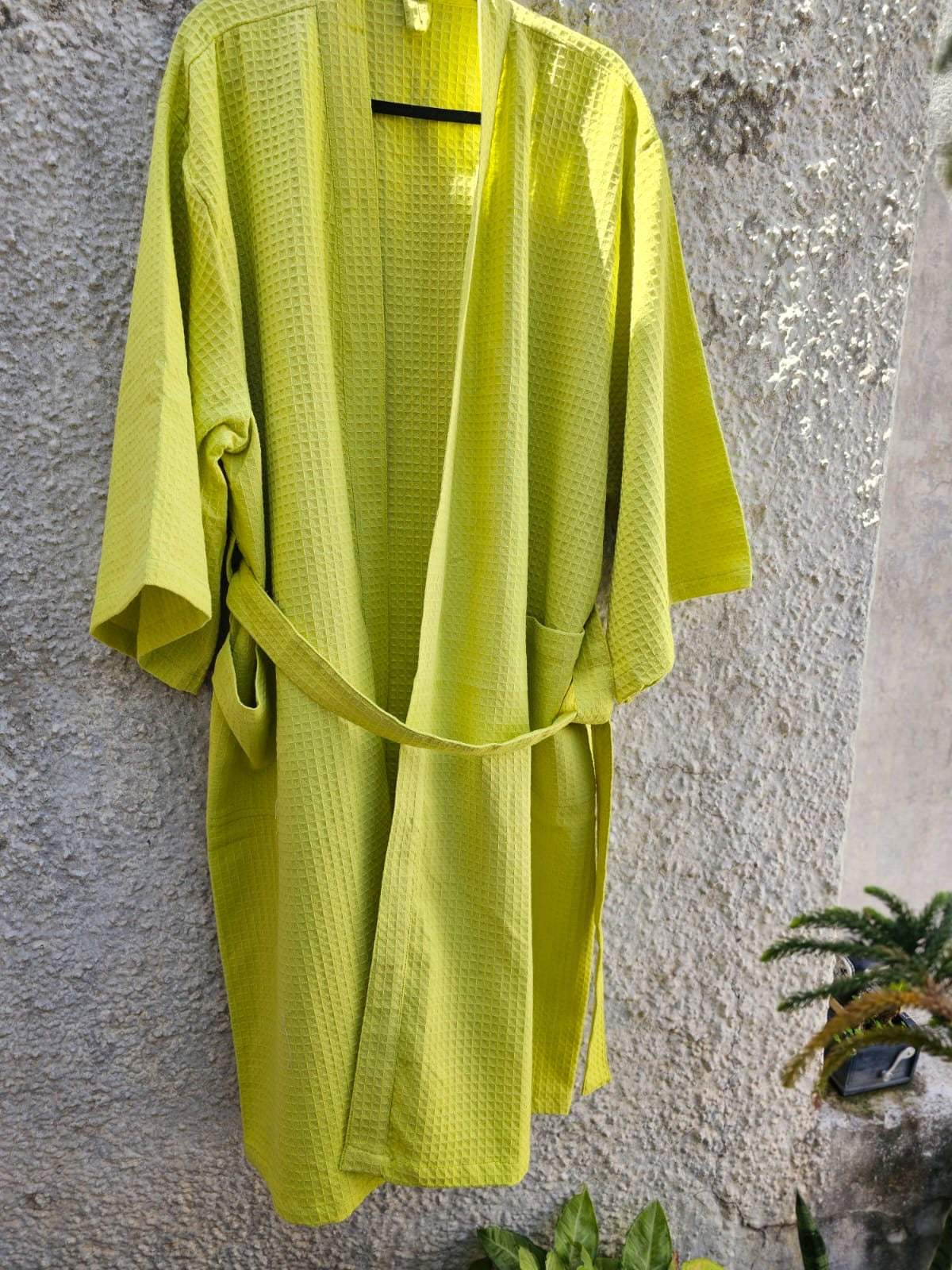 pear-color-unisex-cotton-waffle-bathrobe-side-angled-view