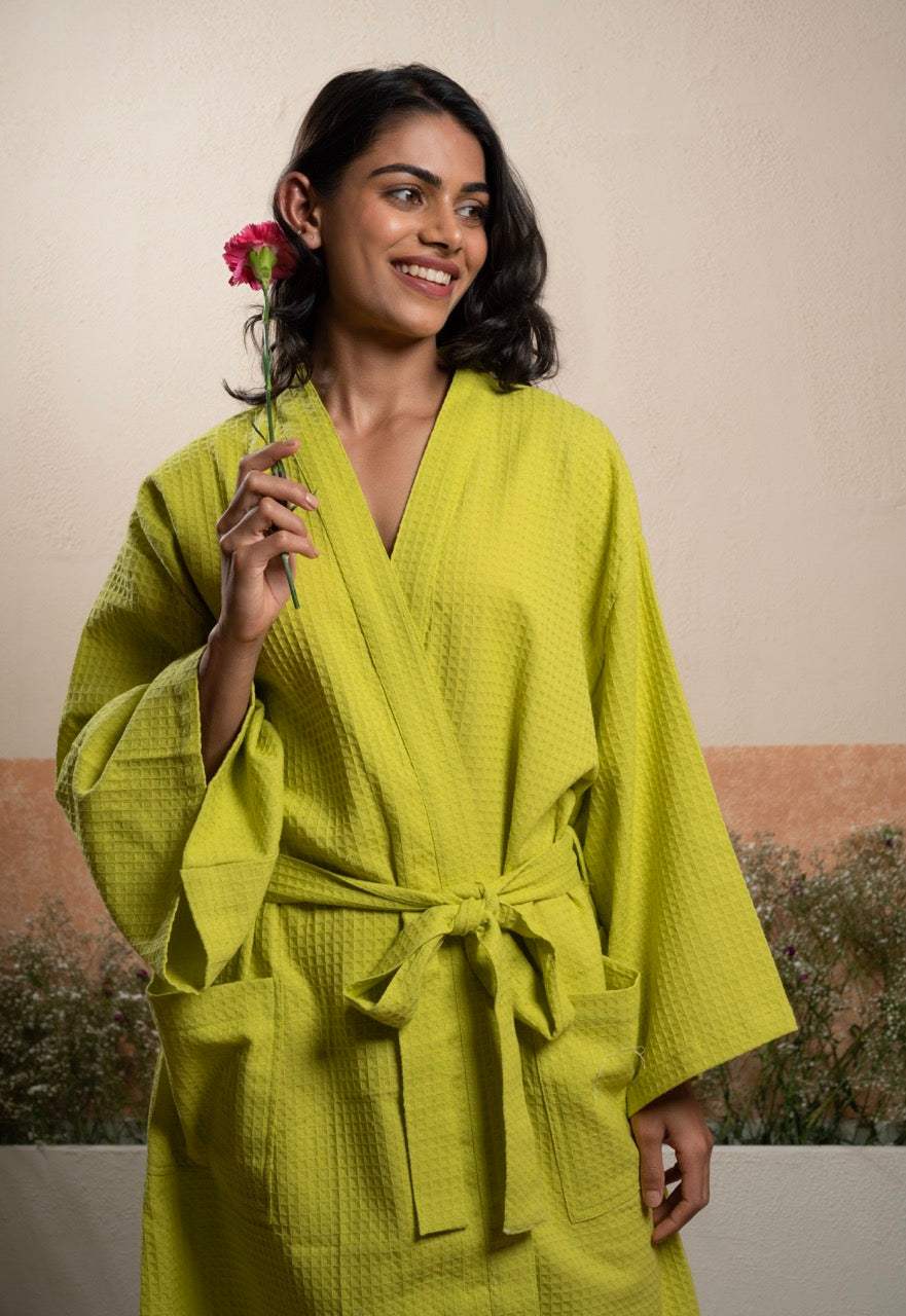 pear-color-unisex-cotton-waffle-bathrobe-top-angle-view