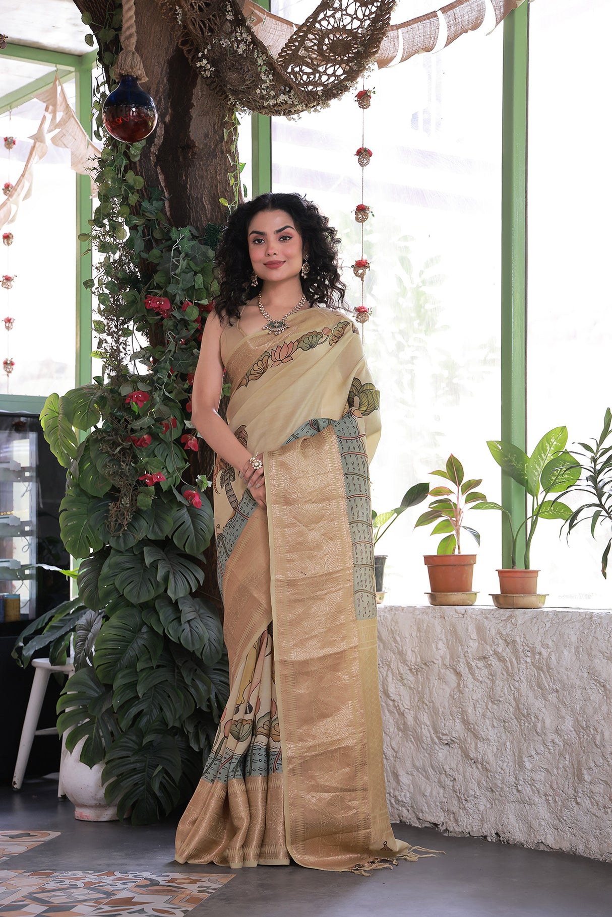 Peacock and Floral Theme Bangalore Silk Kalamakari Saree in Blue Base Colour