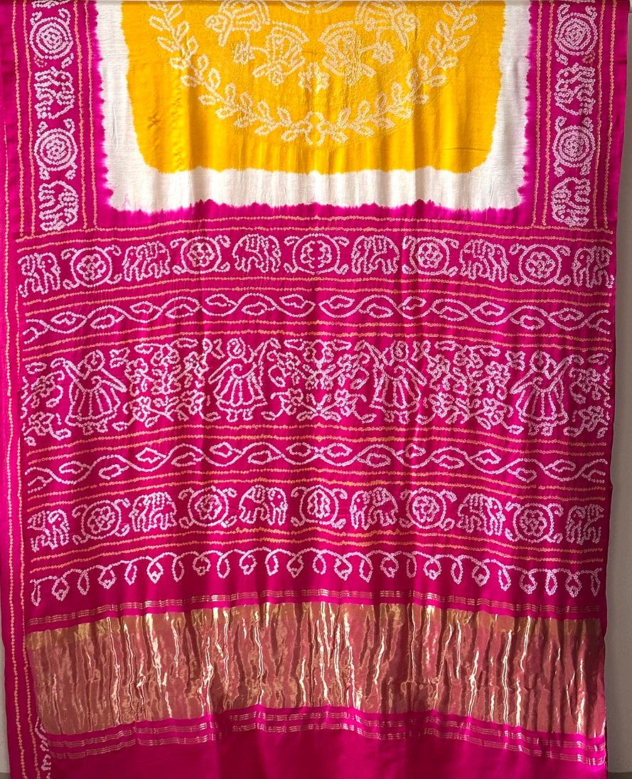 pink-and-yellow-gajji-silk-bandhani-saree
