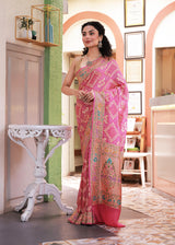 Pink Pure Banarsi Gerogette Meenakari Bandhani Saree