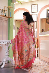 Pink Pure Banarsi Gerogette Meenakari Bandhani Saree