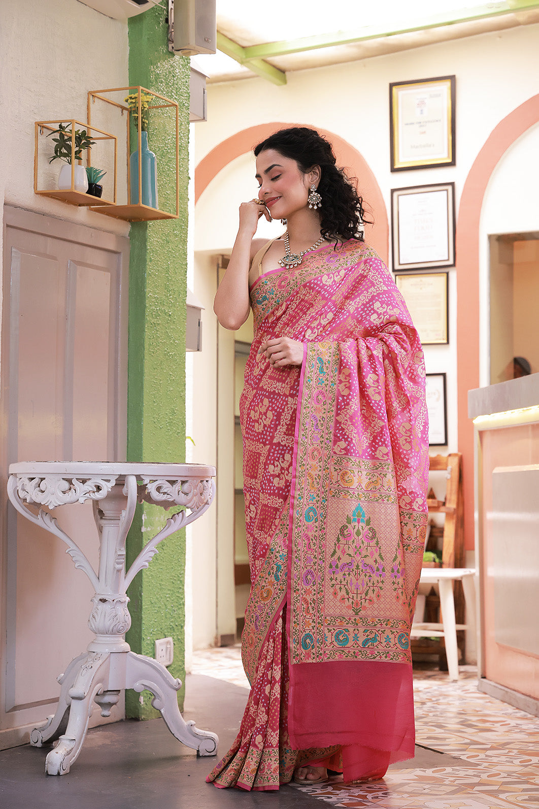 Pink Pure Banarsi Gerogette Meenakari Bandhani Saree