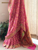 Pink Pure Banarsi Gerogette Meenakari Bandhani Saree