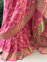 Pink Pure Banarsi Gerogette Meenakari Bandhani Saree