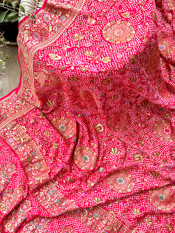 Pink Exclusive Handloom Pure Banarasi Georgette Bandhani Saree