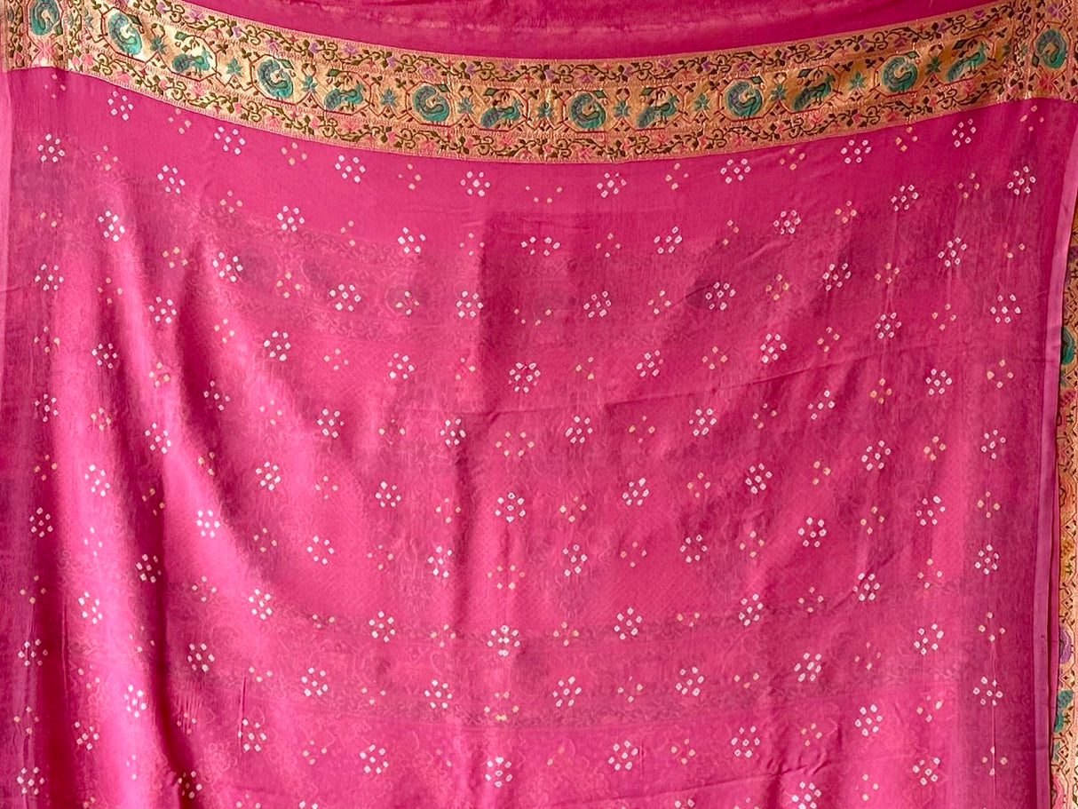 Pink Pure Banarsi Gerogette Meenakari Bandhani Saree