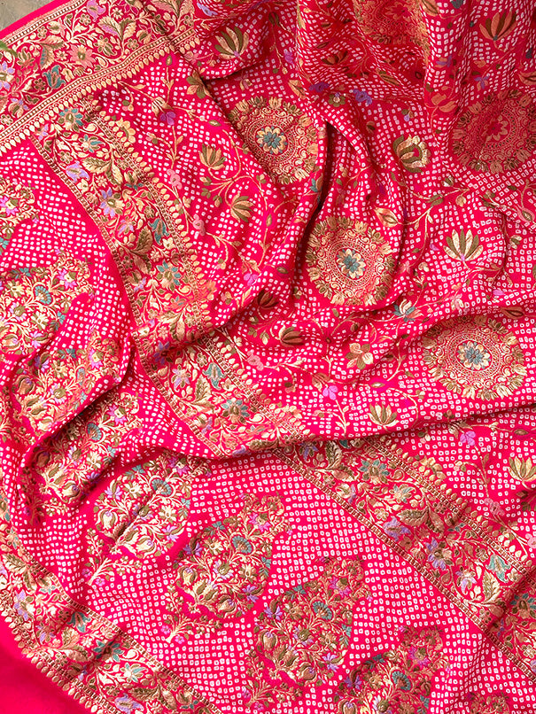 Pink Exclusive Handloom Pure Banarasi Georgette Bandhani Saree