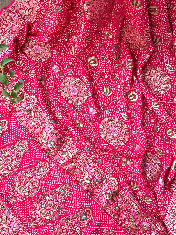 Pink Exclusive Handloom Pure Banarasi Georgette Bandhani Saree