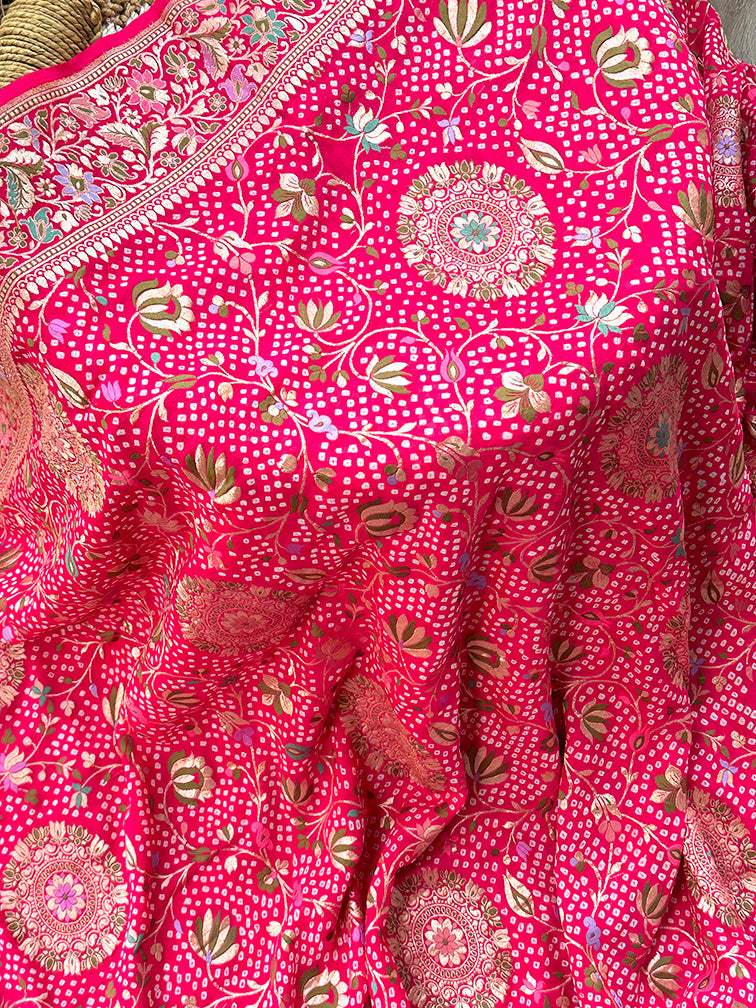 Pink Exclusive Handloom Pure Banarasi Georgette Bandhani Saree