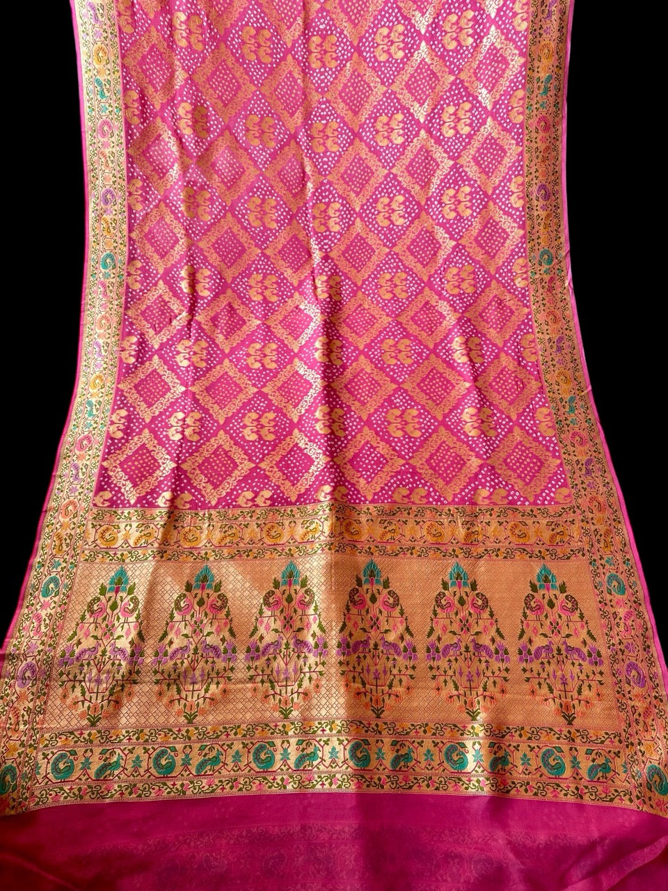 Pink Pure Banarsi Gerogette Meenakari Bandhani Saree