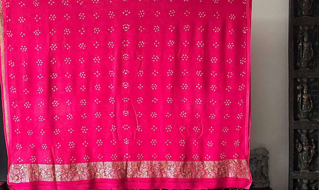 Pink Exclusive Handloom Pure Banarasi Georgette Bandhani Saree