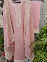 Pink 3 Piece Chanderi Mulmul Semi-stitched Suit Set