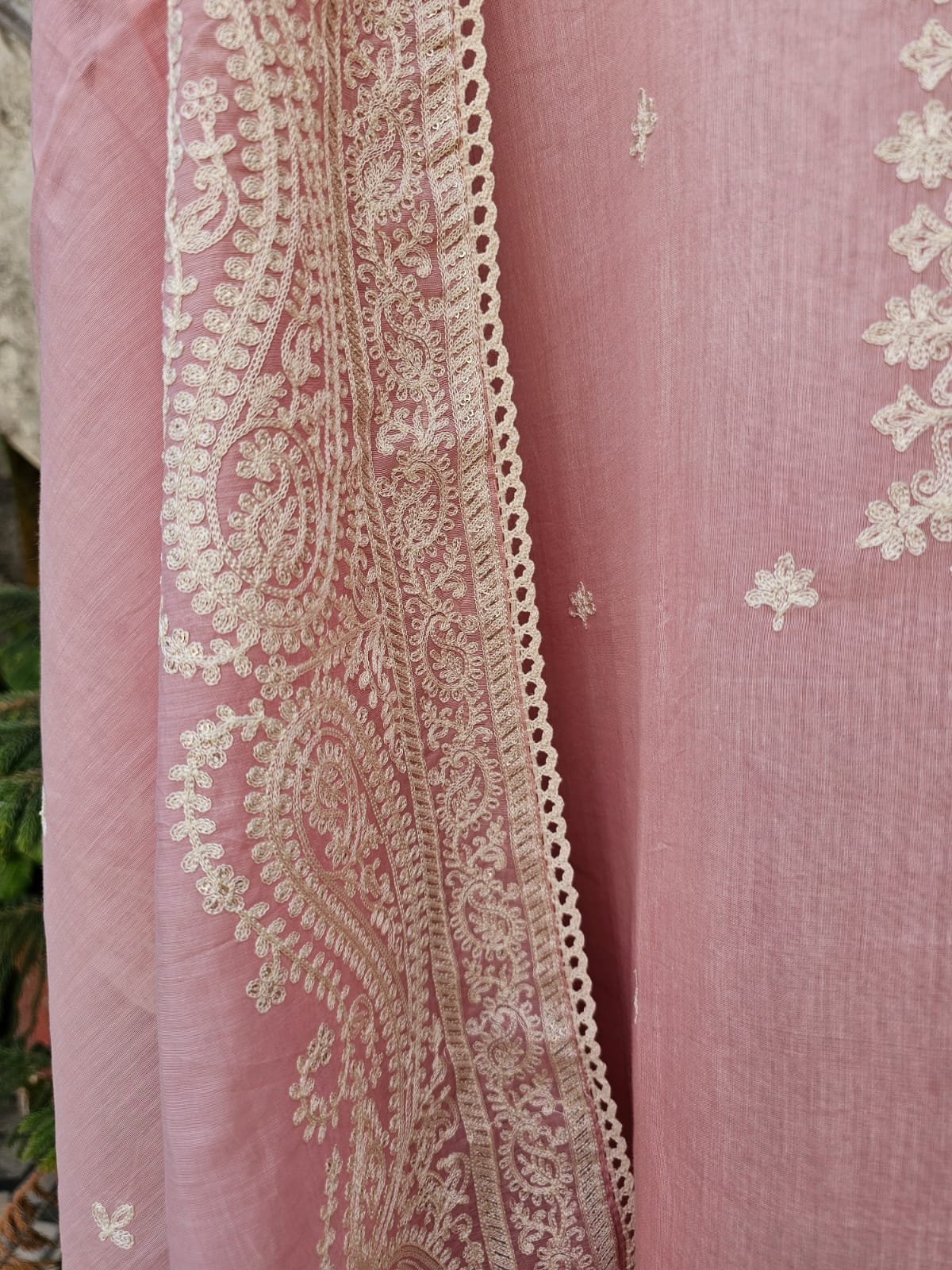 Pink 3 Piece Chanderi Mulmul Semi-stitched Suit Set