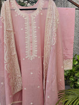 Pink 3 Piece Chanderi Mulmul Semi-stitched Suit Set