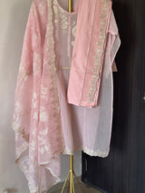 3 Piece Chanderi Mulmul Semi Stitched Suit Set in Shade of Baby Pink