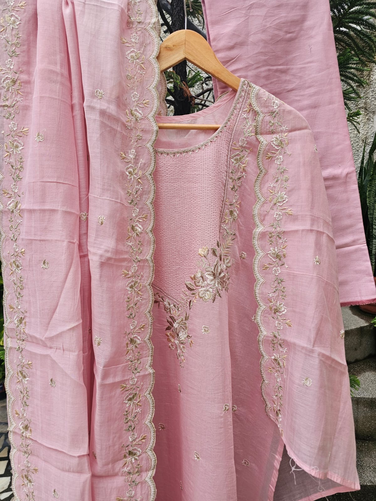 Dreamy Light Pink 3-pc Chanderi Mulmul Semi Stitched Suit Set