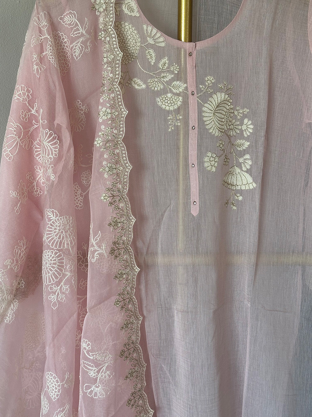 3 Piece Chanderi Mulmul Semi Stitched Suit Set in Shade of Baby Pink