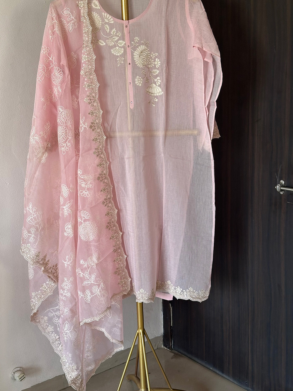 3 Piece Chanderi Mulmul Semi Stitched Suit Set in Shade of Baby Pink