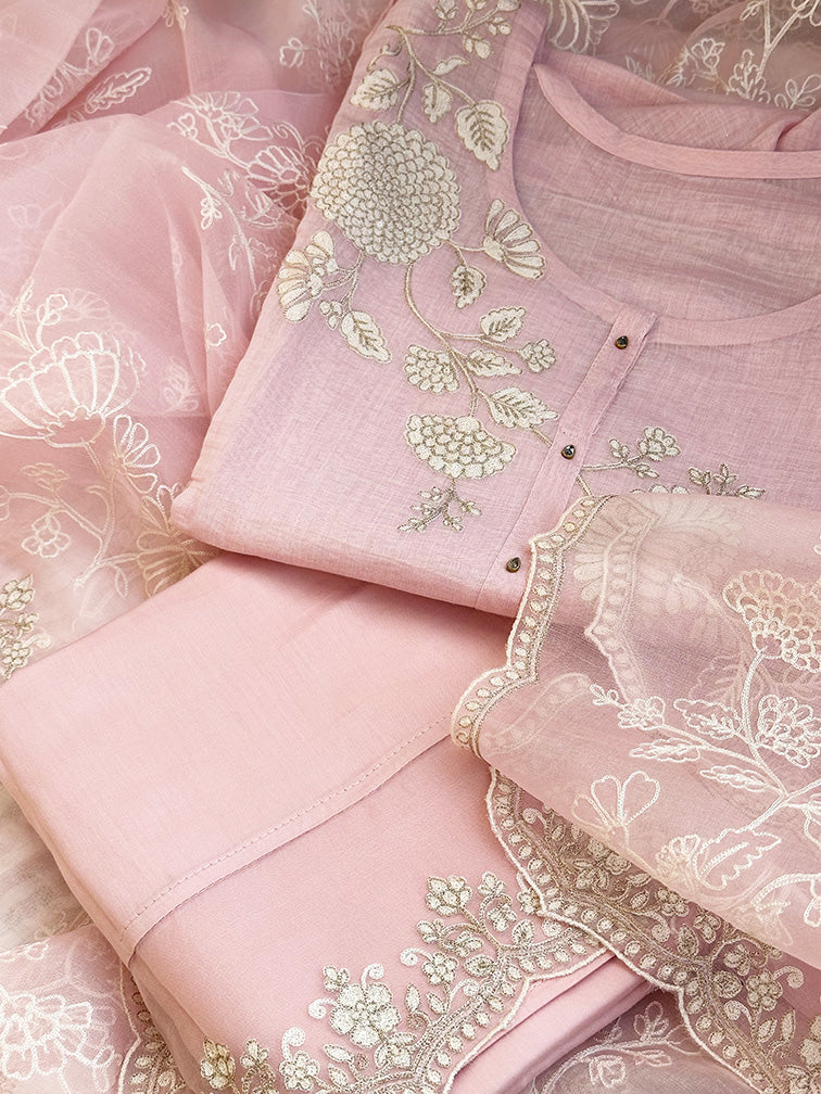 3 Piece Chanderi Mulmul Semi Stitched Suit Set in Shade of Baby Pink