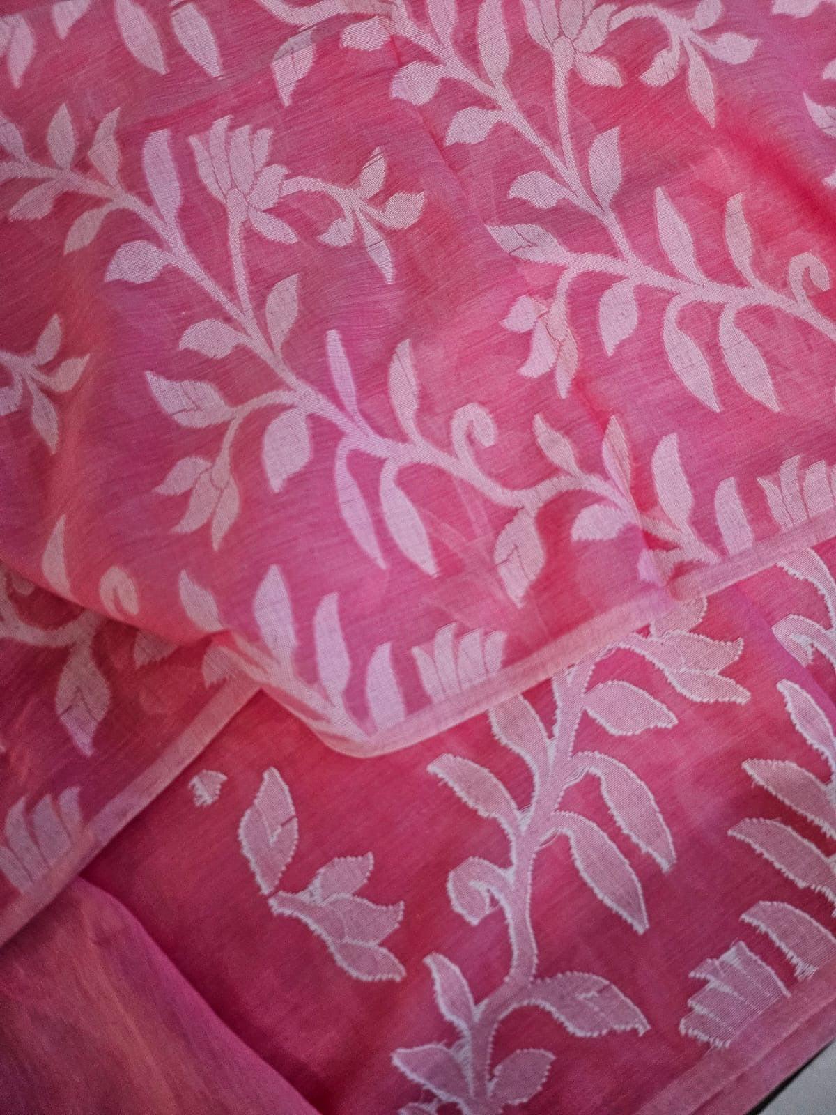 Carrot Pink Floral Cotton Saree made on Jacquard Loom