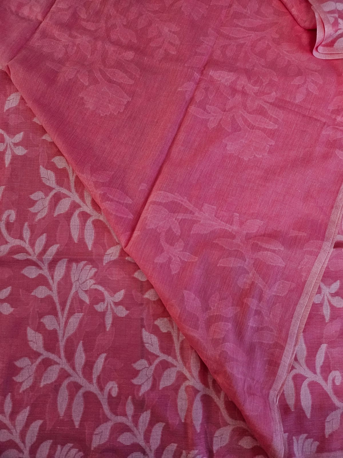 Carrot Pink Floral Cotton Saree made on Jacquard Loom