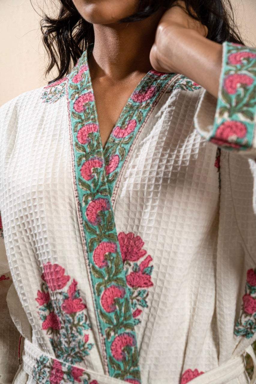 pink-floral-cotton-waffle-bathrobe-close-up-view