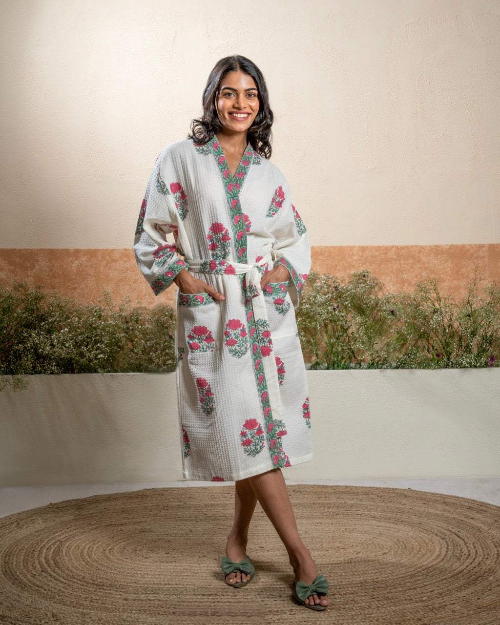 pink-floral-cotton-waffle-bathrobe-full-display-view