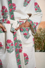 pink-floral-cotton-waffle-bathrobe-side-angled-view