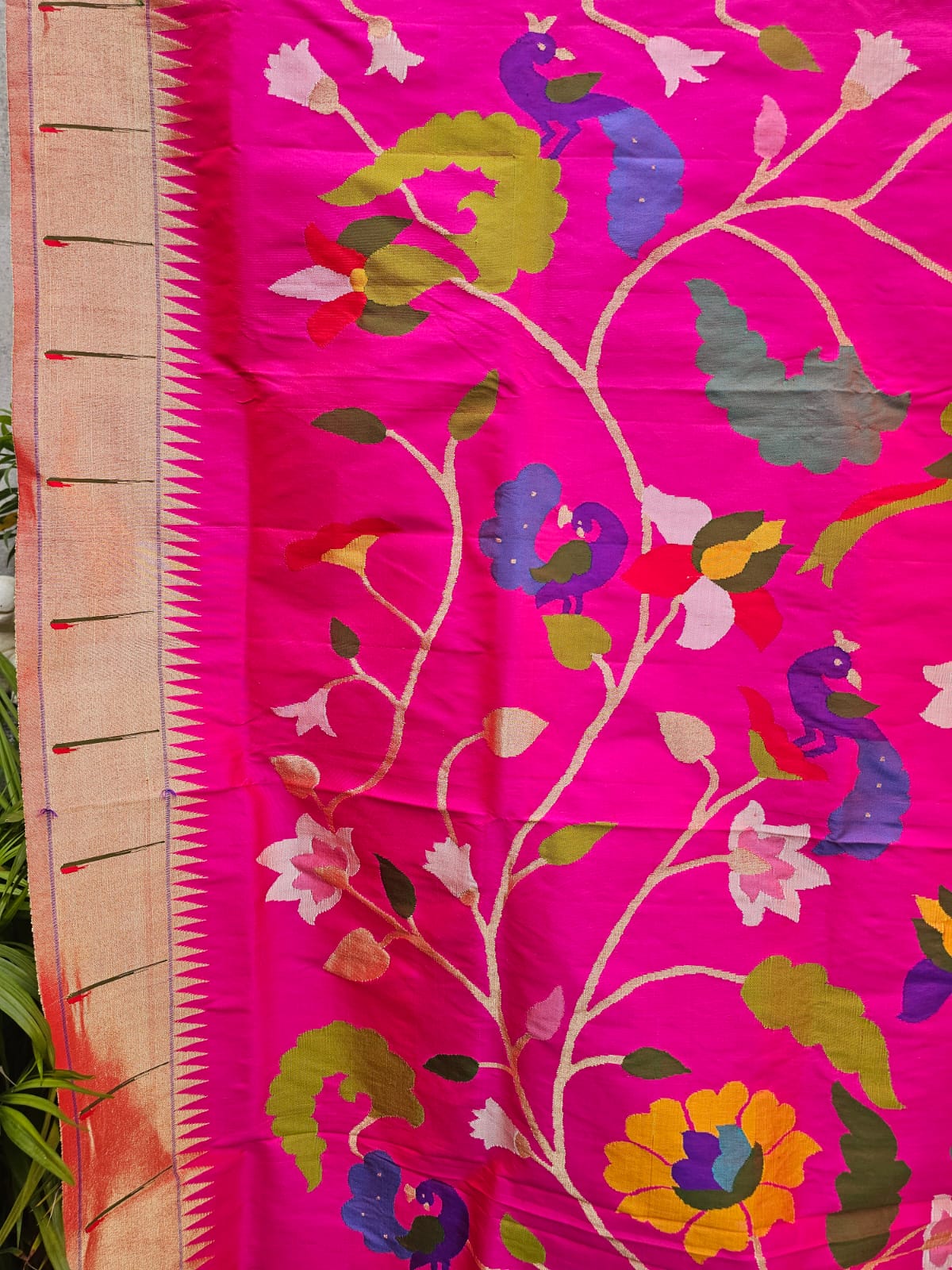 Handloom Rani Pink Silk Paithani Dupatta with Tissue Muniya Border