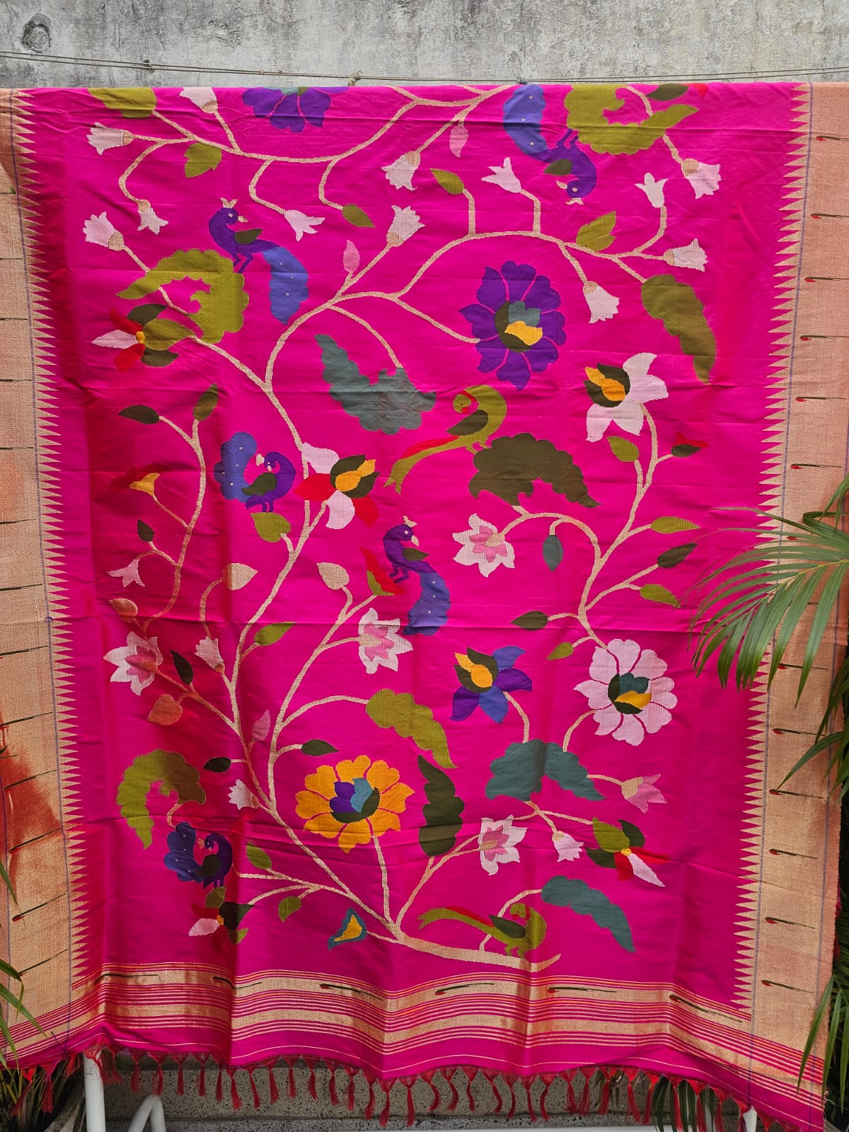 Handloom Rani Pink Silk Paithani Dupatta with Tissue Muniya Border